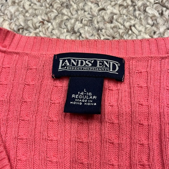 Land's End Pink Cable Knit Cardigan Sweater Button Sz Large Cotton Blend - Picture 2 of 10